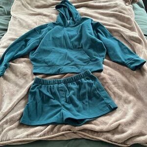PINK Victoria's Secret Teal Pajamas Hoodie and Shorts Set